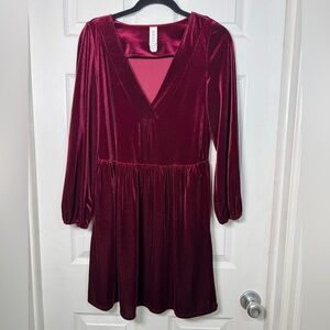 Anthropologie Amadi Velvet Mini Dress Burgundy V-Neck Pockets Size S